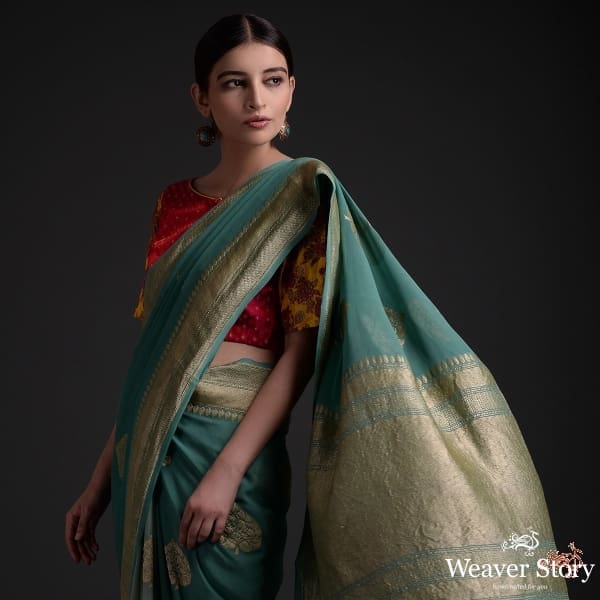 Forest_Green_shaded_kadhwa_georgette_saree_WeaverStory_01