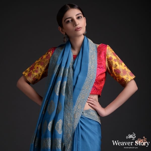 Handwoven_Banarasi_Georgette_saree_with_antique_zari_border_WeaverStory_01