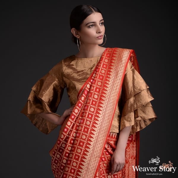 Handwoven_Banarasi_Georgette_saree_in_a_bridal_red_WeaverStory_01