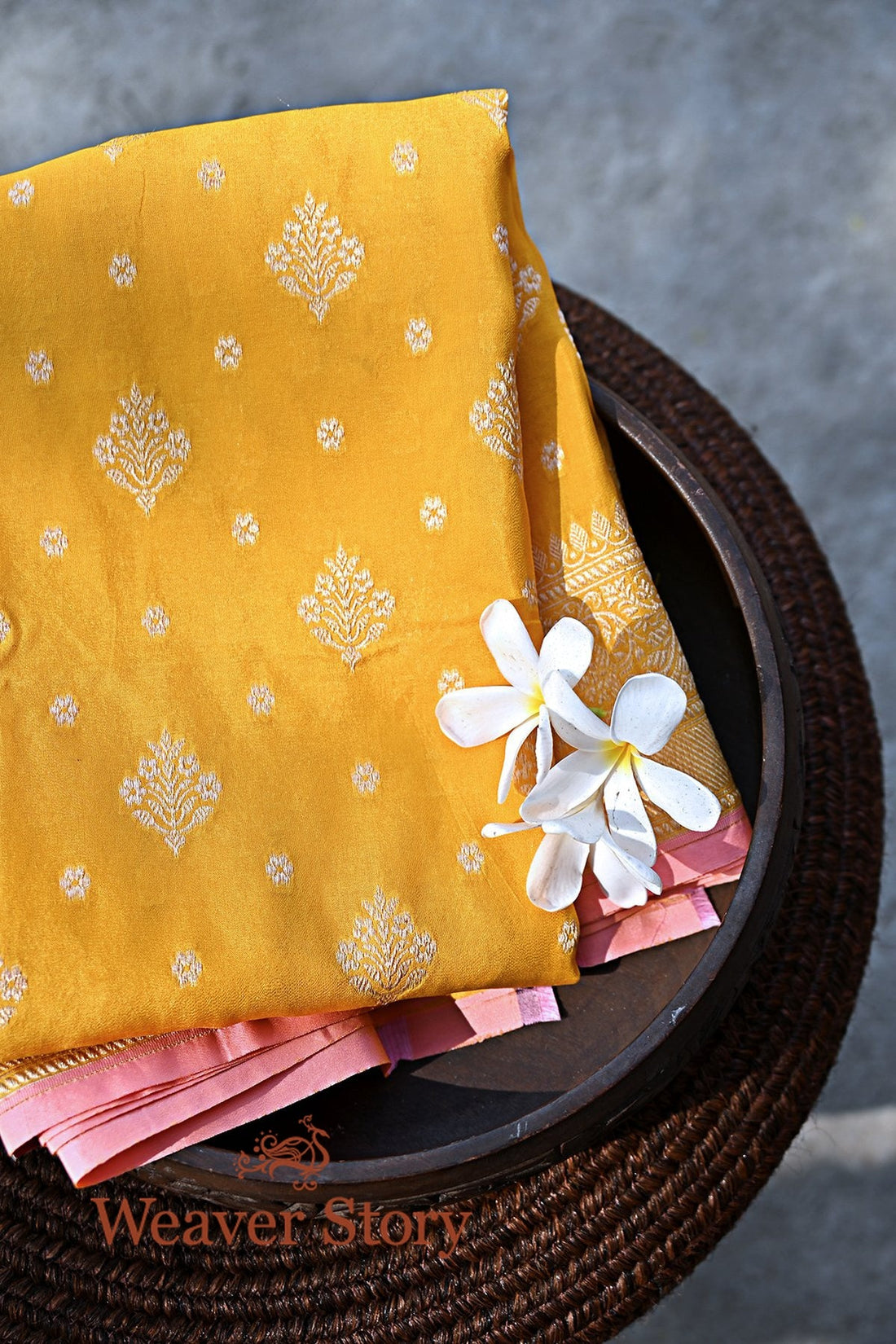 Yellow_Handloom_Katan_Silk_and_Georgette_Banarasi_Dupatta_with_Pink_Selvedge_WeaverStory_01