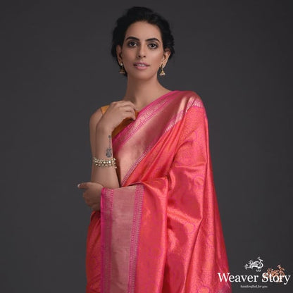 Handwoven_Banarasi_Tanchoi_saree_in_pink_and_orange_with_self_weave_WeaverStory_01