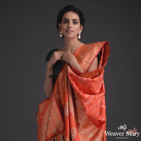 Deep_Orange_banarasi_jangla_with_heavy_border_and_pallu_WeaverStory_01