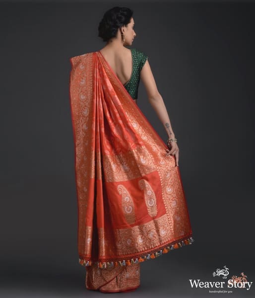 Deep_Orange_banarasi_jangla_with_heavy_border_and_pallu_WeaverStory_04
