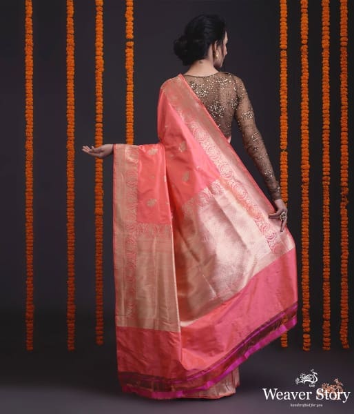 Peach_floral_border_saree_with_kadhwa_booti_WeaverStory_03
