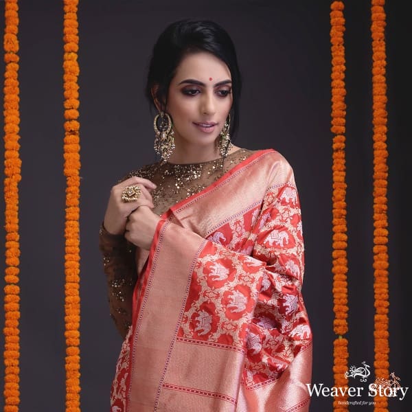 Handwoven_kadhwa_banarasi_jangla_in_red_with_animal_motifs_WeaverStory_01