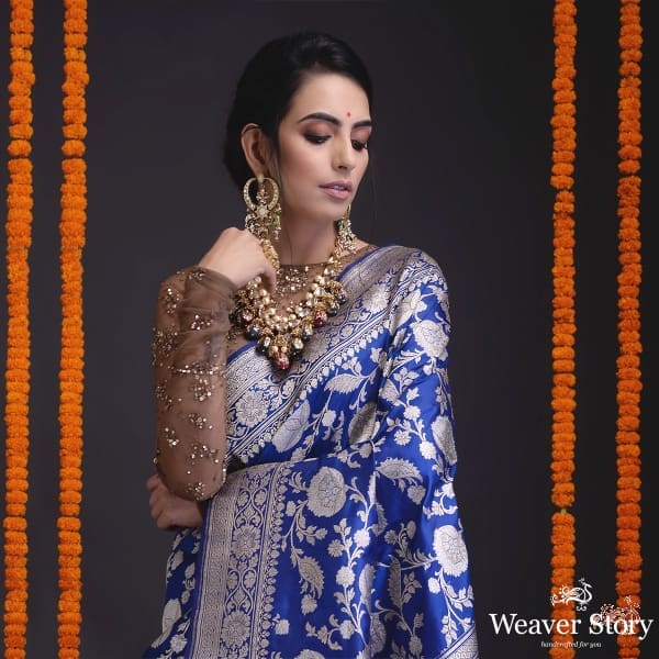 Royal_blue_Handwoven_kadhwa_banarasi_jangla_with_sona_rupa_zari_WeaverStory_01