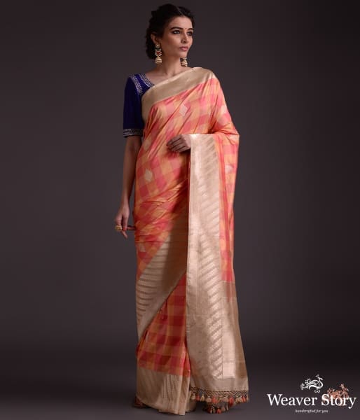 Peach_and_beige_handwoven_checks_saree_with_kadhwa_boota_and_border_WeaverStory_02