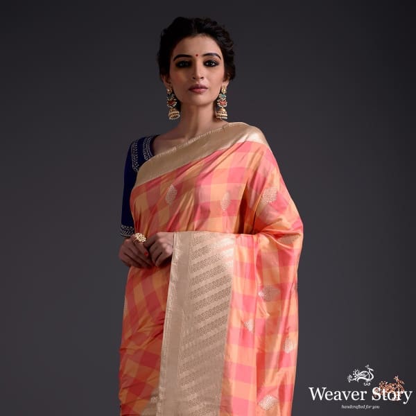 Peach_and_beige_handwoven_checks_saree_with_kadhwa_boota_and_border_WeaverStory_01