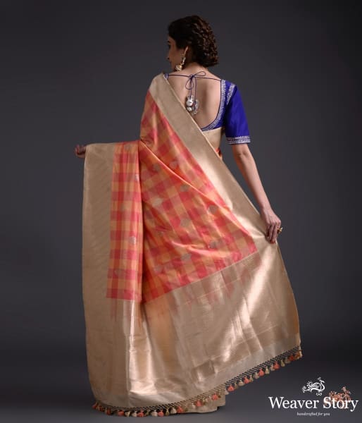 Peach_and_beige_handwoven_checks_saree_with_kadhwa_boota_and_border_WeaverStory_04