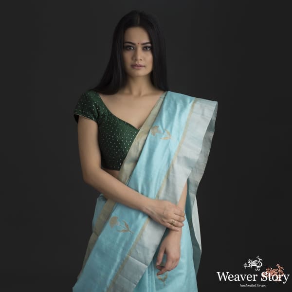 Blue_chanderi_silk_saree_with_gold_silver_floral_motifs_WeaverStory_01