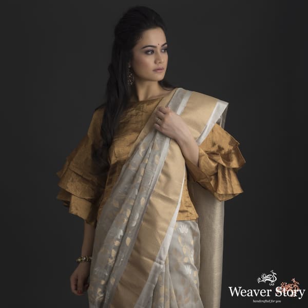 Grey_chanderi_silk_saree_with_gold_silver_floral_jaal_WeaverStory_01