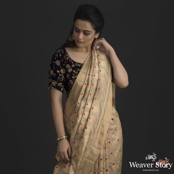 Golden_beige_silk_chanderi_saree_with_meenakari_WeaverStory_01