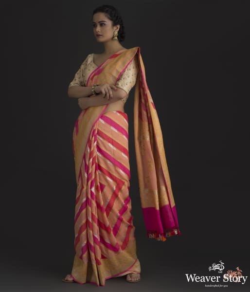 Peach_and_pink_banarasi_jangla_with_rangkat_dye_WeaverStory_02