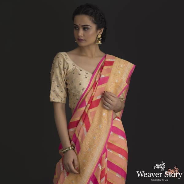 Peach_and_pink_banarasi_jangla_with_rangkat_dye_WeaverStory_01