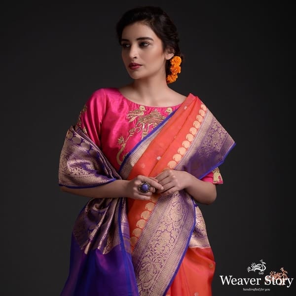 Orange_and_Purple_Banarasi_Kora_silk_saree_WeaverStory_01