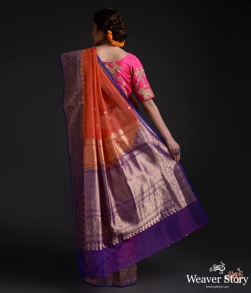 Orange_and_Purple_Banarasi_Kora_silk_saree_WeaverStory_03