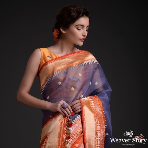 Handwoven_kora_silk_saree_with_an_Orange_heavy_border_WeaverStory_01