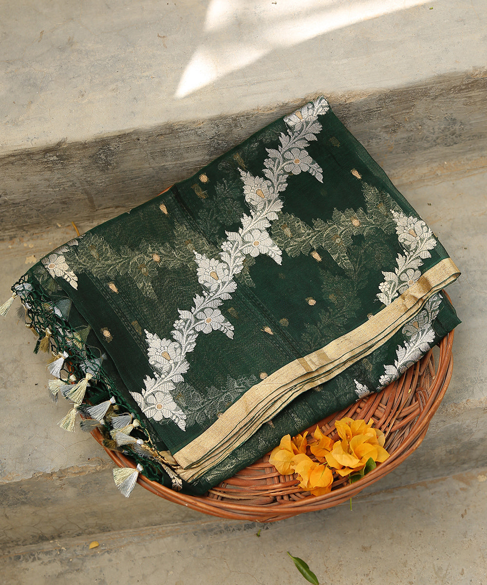 Handloom_Bottle_Green_Kora_Silk_Banarasi_Dupatta_with_Aada_Jaal_WeaverStory_01