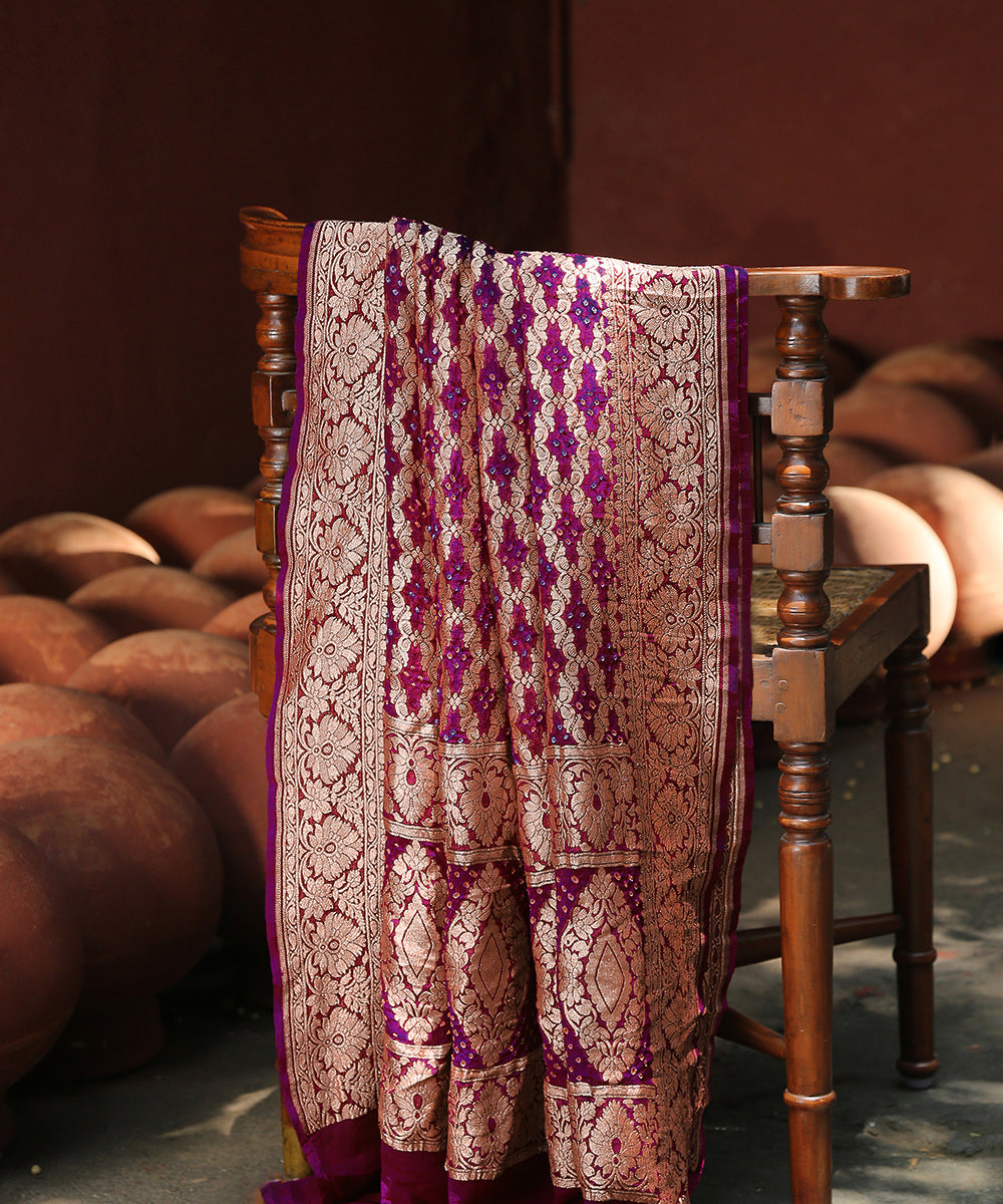 Purple_Handloom_Georgette_Bandhej_Banarasi_Dupatta_WeaverStory_01