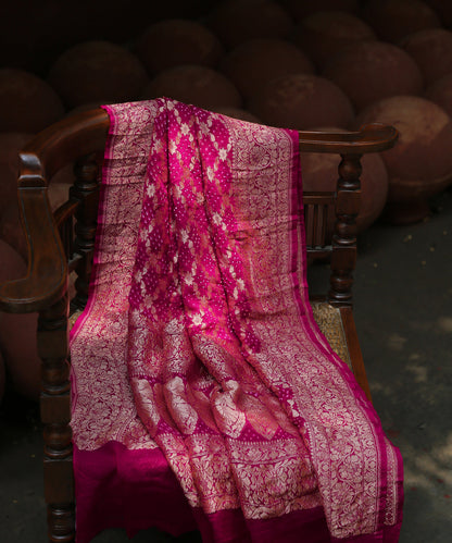 Handloom_Dark_Pink_Georgette_Bandhej_Banarasi_Dupatta_WeaverStory_01