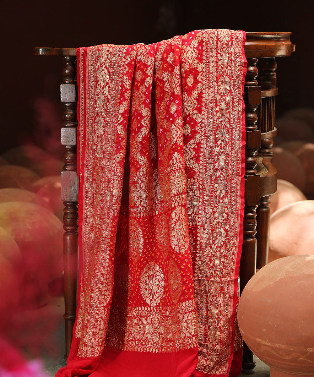 Red_Handloom_Georgette_Banarasi_Bandhej_Dupatta_WeaverStory_01