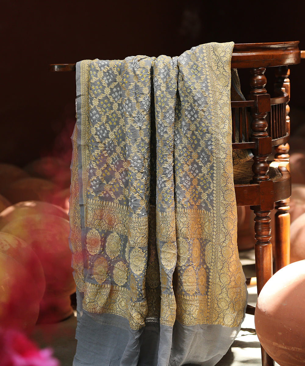 Handloom_Grey_Georgette_Banarasi_Bandhej_Dupatta_With_Zari_Border_WeaverStory_01