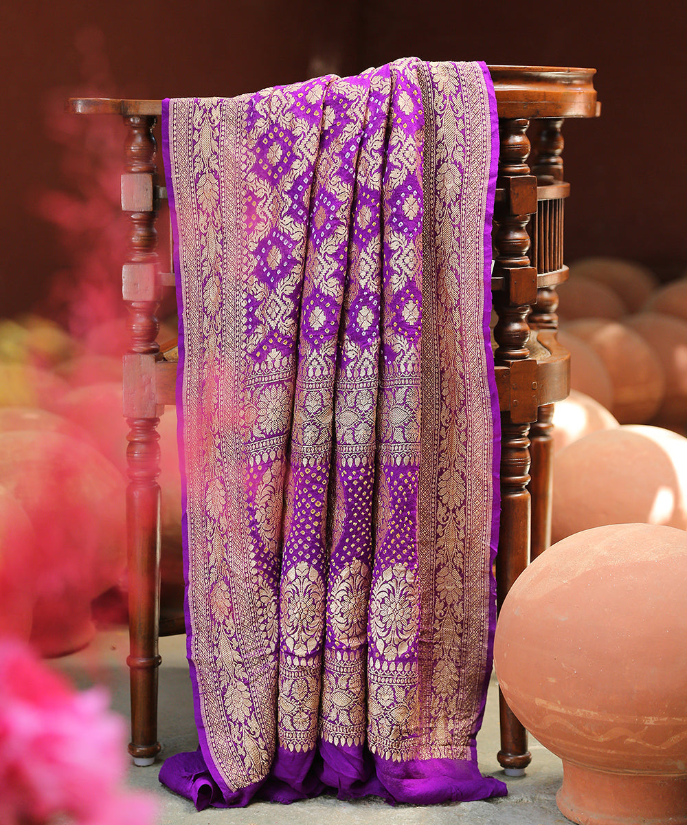Purple_Handloom_Georgette_Banarasi_Bandhej_Dupatta_With_Cutwork_Weave_WeaverStory_01