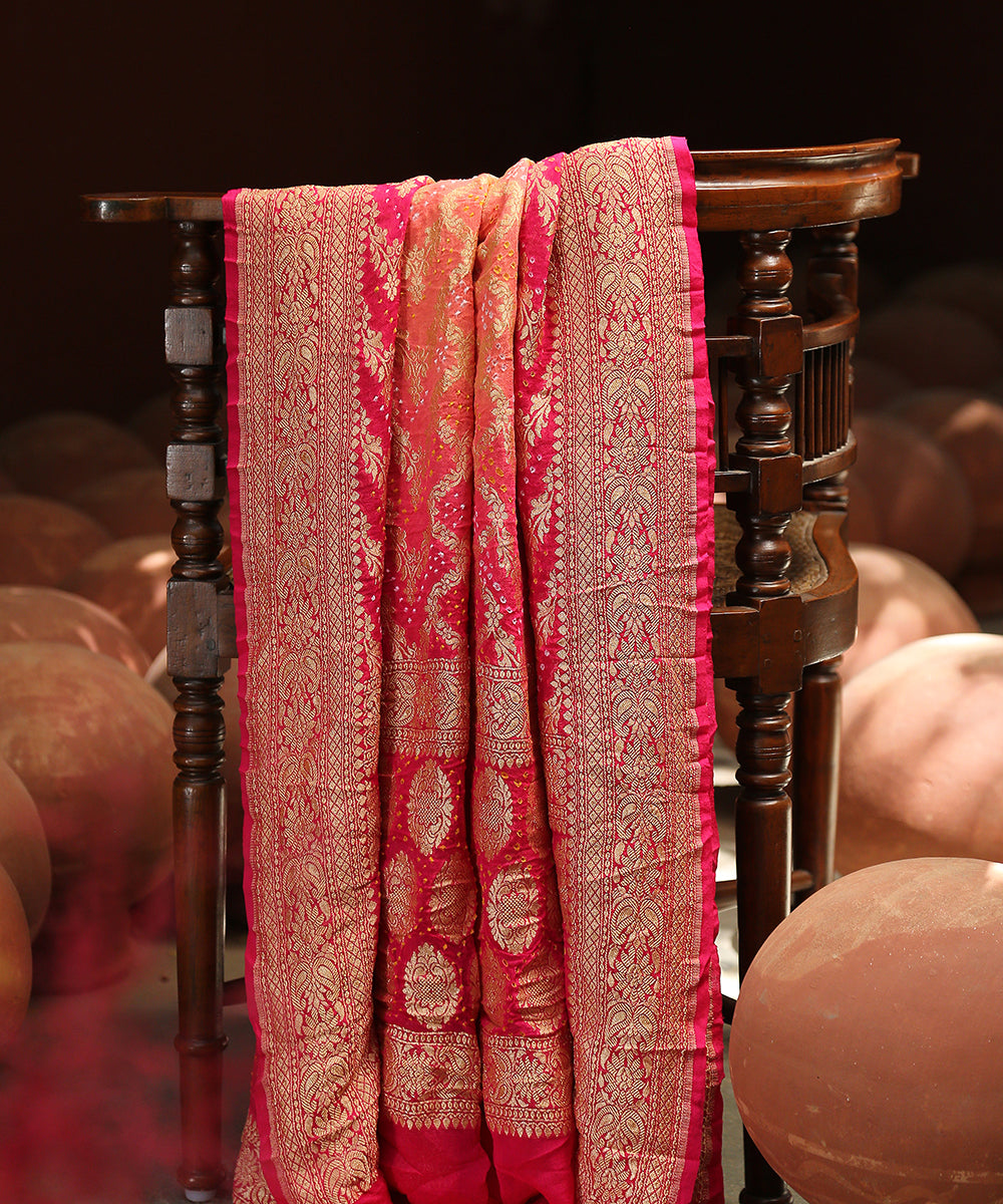 Orange_And_Pink_Handloom_Georgette_Banarasi_Bandhej_Dupatta_WeaverStory_01