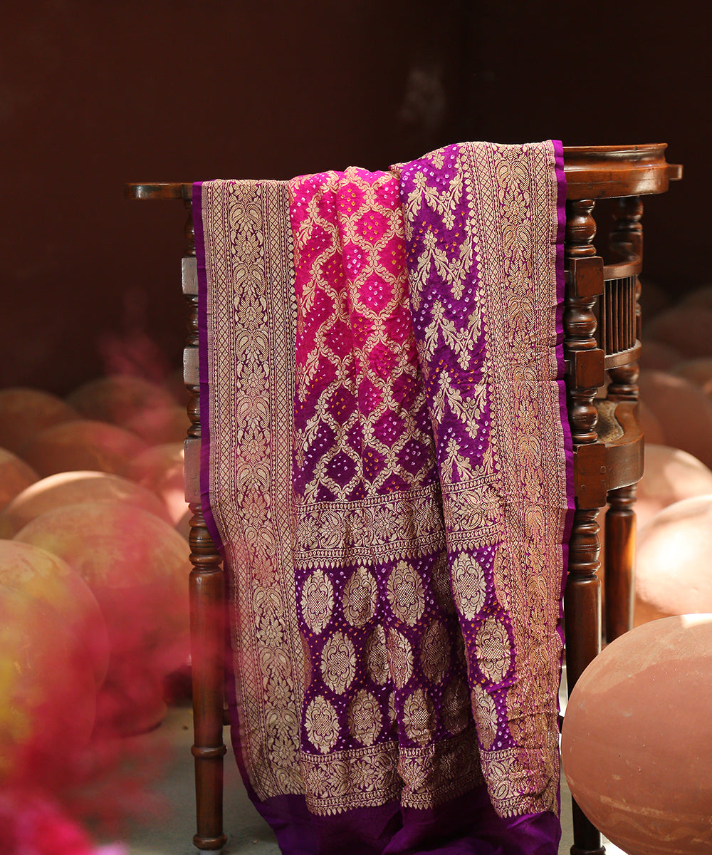 Purple_And_Pink_Handloom_Georgette_Banarasi_Bandhej_Dupatta_WeaverStory_01