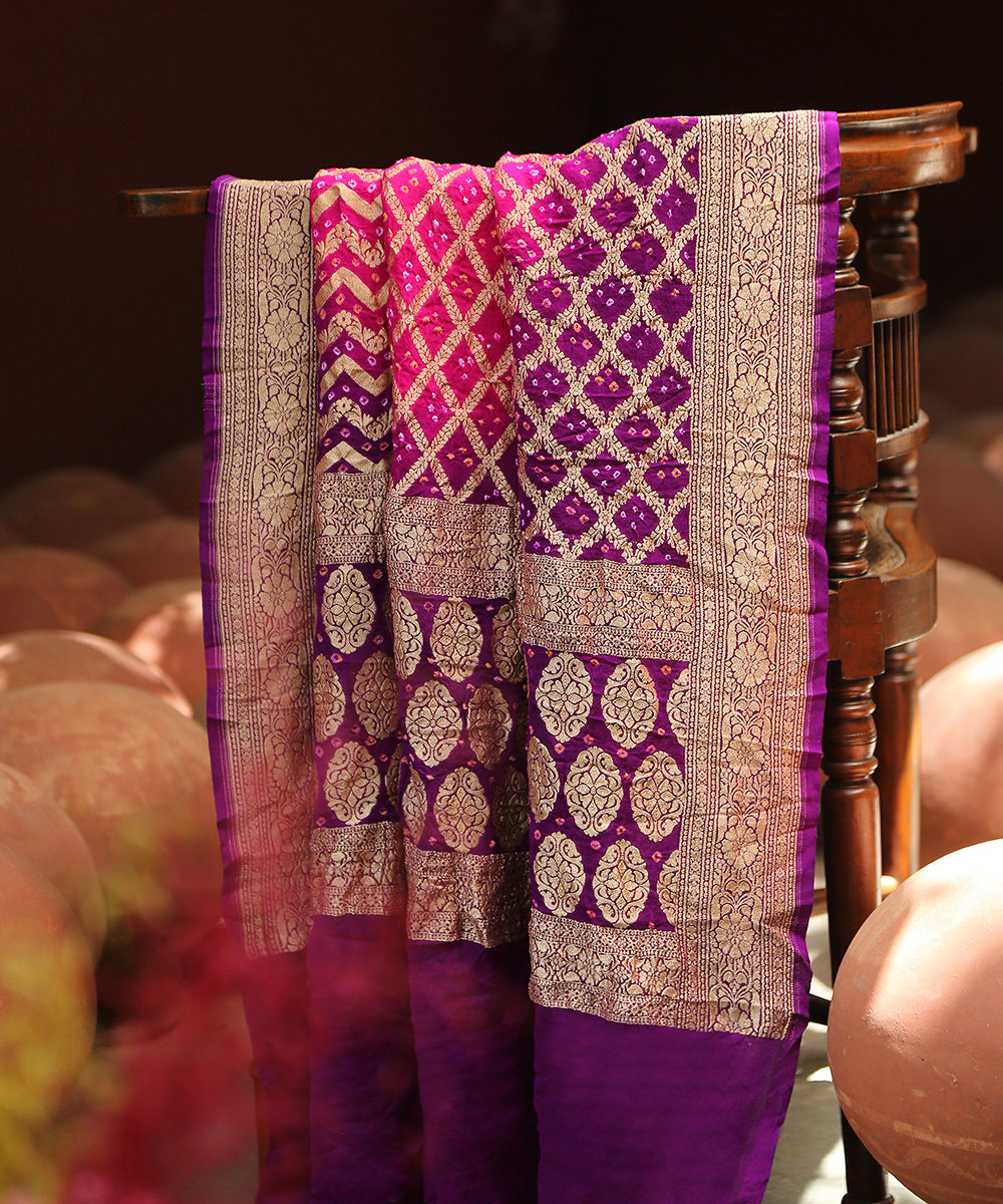 Handloom_Pink_And_Purple_Georgette_Banarasi_Bandhej_Dupatta_With_Cutwork_Weave_WeaverStory_01