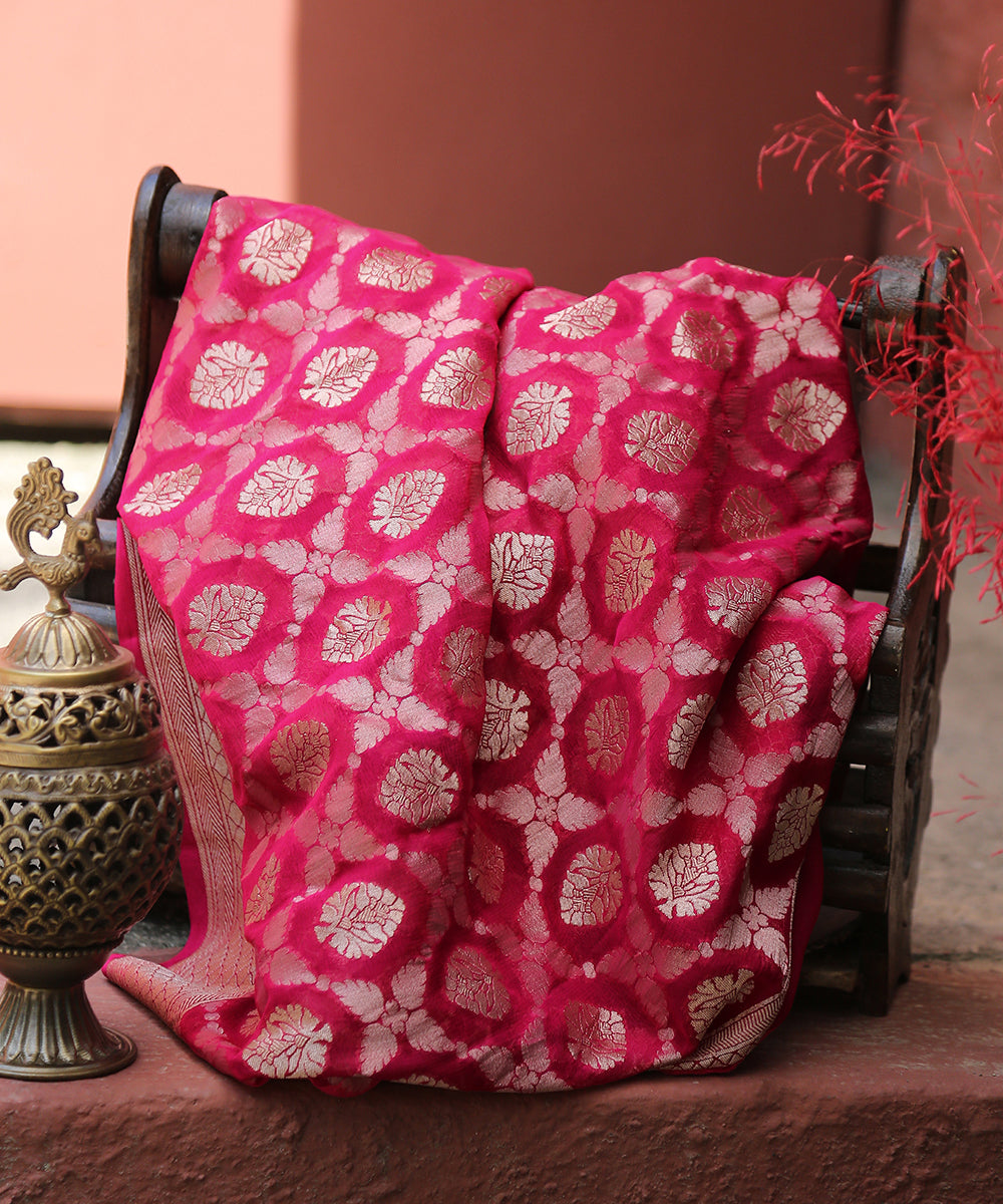 Handloom_Pink_Georgette_Banarasi_Dupatta_With_Cutwork_Jaal_WeaverStory_01