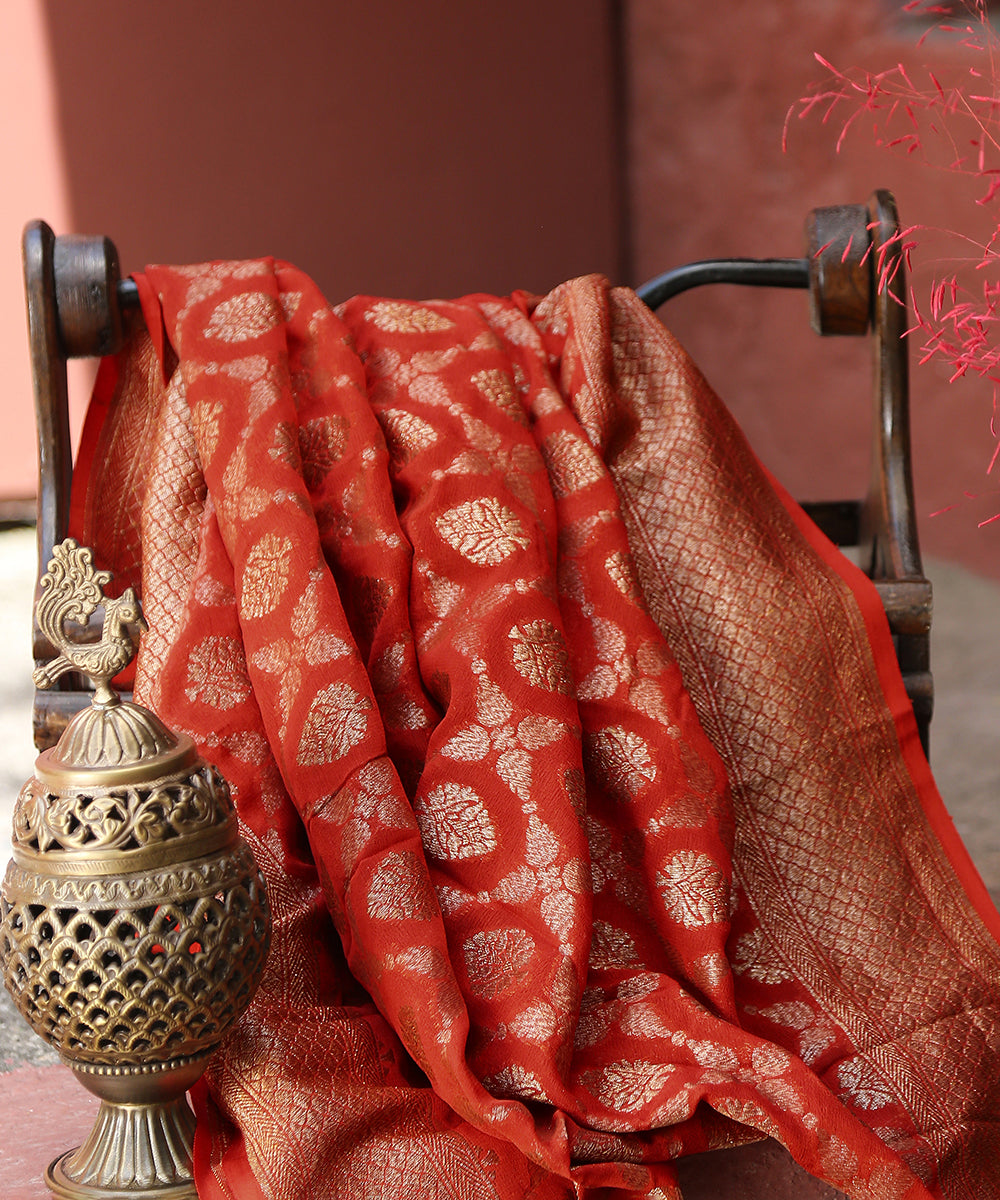 Rust_Handloom_Antique_Zari_Banarasi_Georgette_Dupatta_With_Cutwork_Jaal_WeaverStory_01