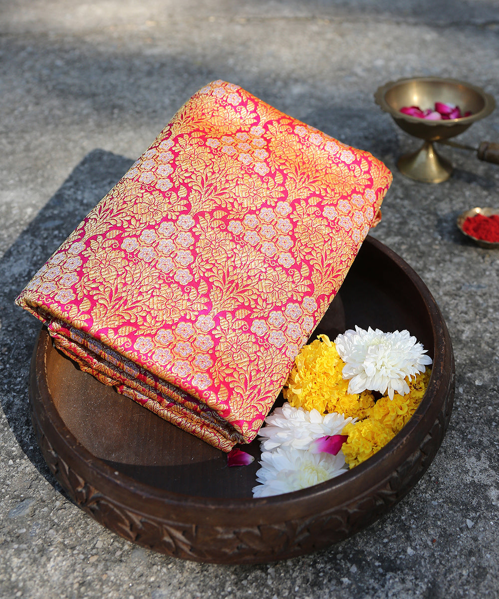 Handloom_Hot_Pink_Brocade_Pure_Katan_Silk_Banarasi_Dupatta_With_Pink_Selvedge_WeaverStory_01