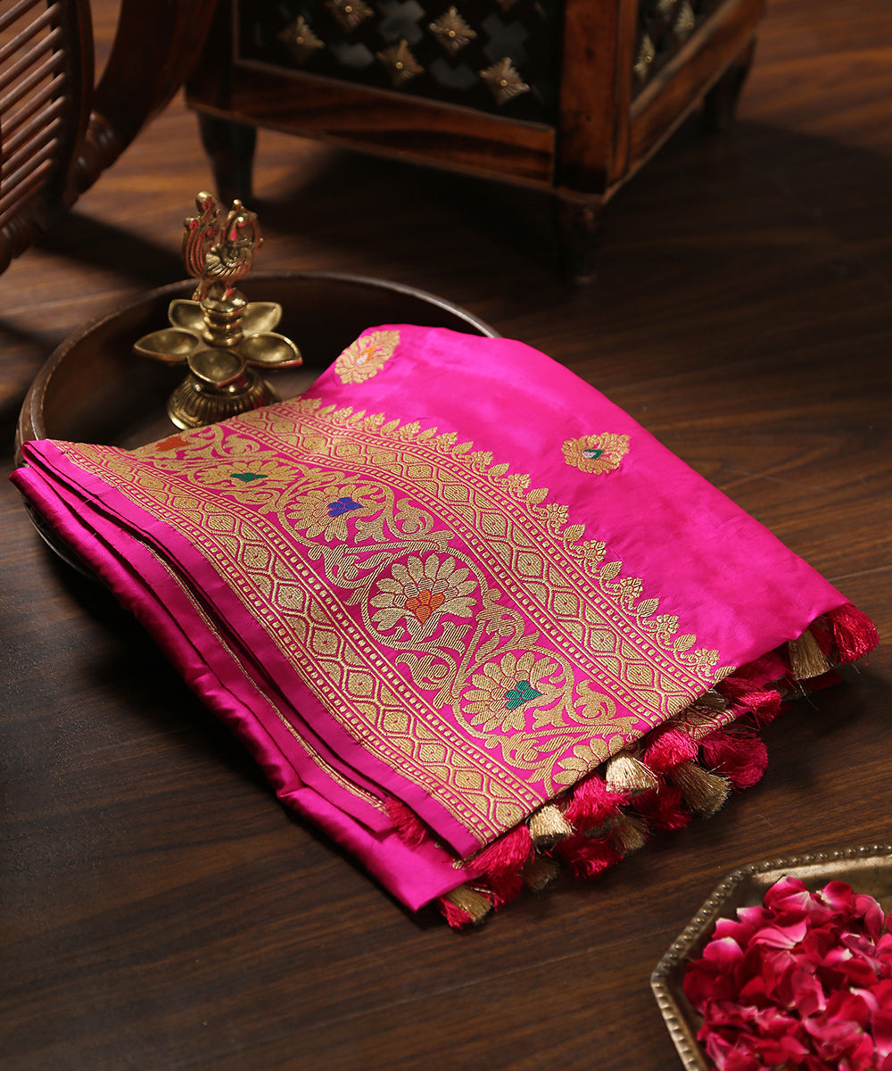 Handloom_Hot_Pink_Pure_Katan_Silk_Banarasi_Dupatta_With_Broad_Border_WeaverStory_01