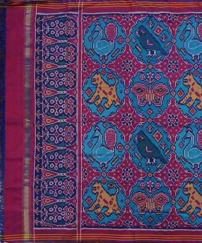 Teal_And_Blue_Handloom_Pure_Mulberry_Silk_Single_Ikat_Patola_Dupatta_With_Animal_Motifs_WeaverStory_02