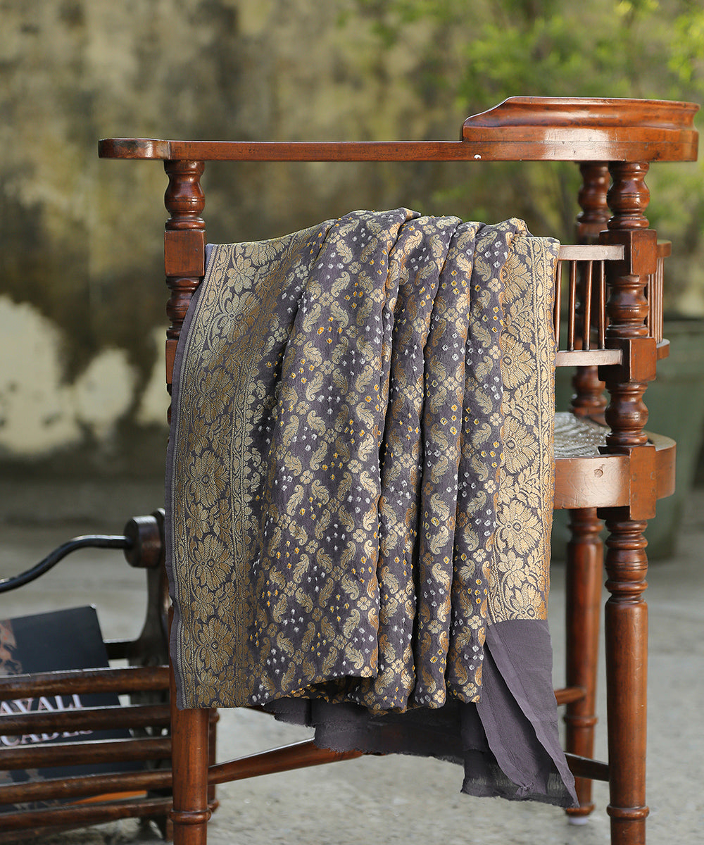 Handloom_Grey_Pure_Georgette_Banarasi_Bandhej_Dupatta_WeaverStory_01