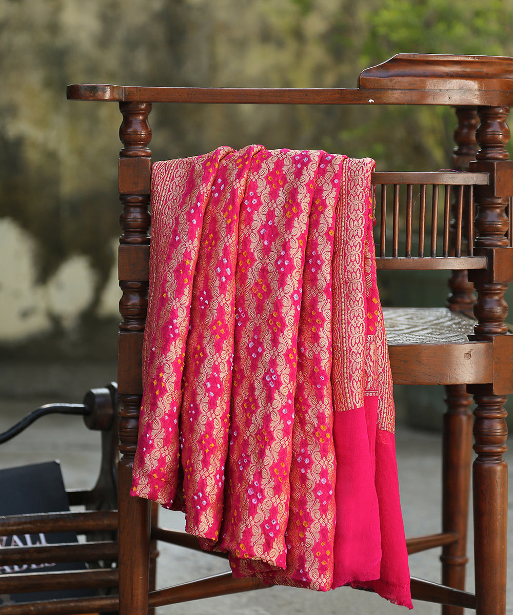 Pink_Handloom_Pure_Georgette_Banarasi_Bandhej_Dupatta_WeaverStory_01