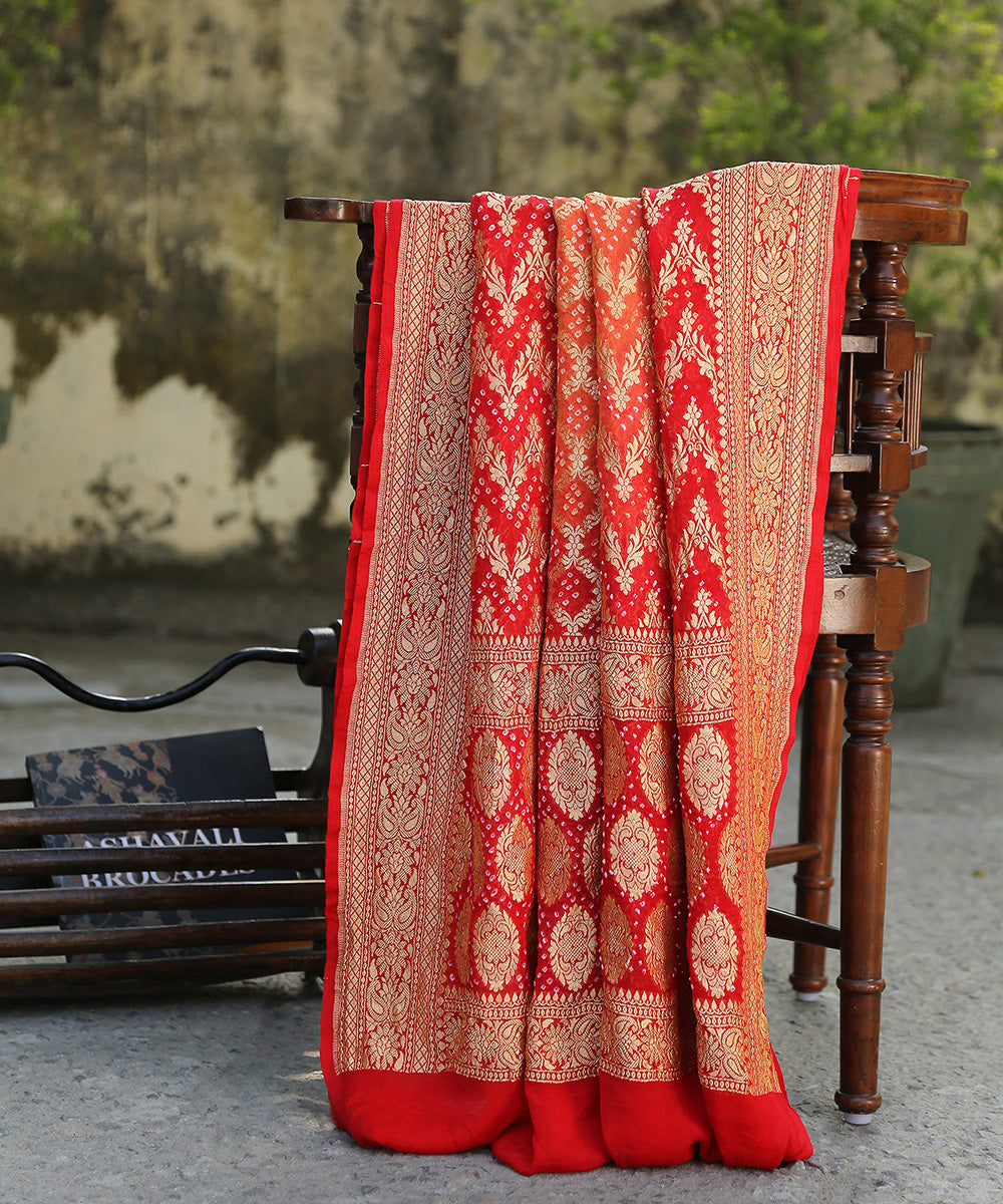 Orange_And_Red_Handloom_Pure_Georgette_Banarasi_Bandhej_Dupatta_WeaverStory_01