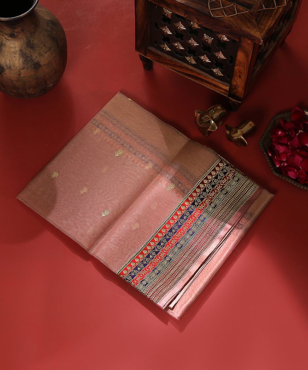 Peach_Handloom_Kora_Silk_Banarasi_Dupatta_With_Multicolor_Meenakari_Border_WeaverStory_01