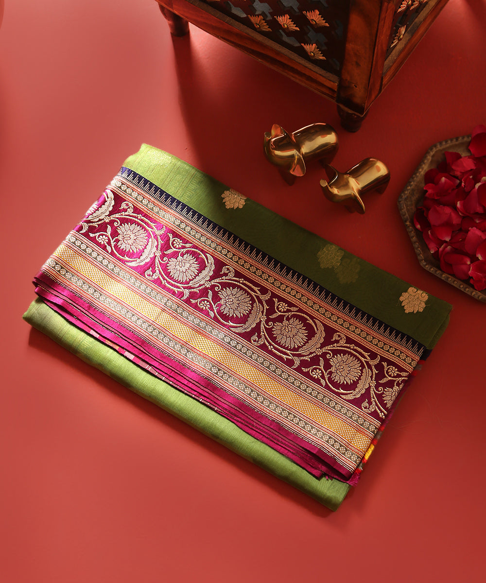 Handloom_Heena_Green_Pure_Kora_Silk_Banarasi_Dupatta_With_Multicolor_Meenakari_Border_WeaverStory_01
