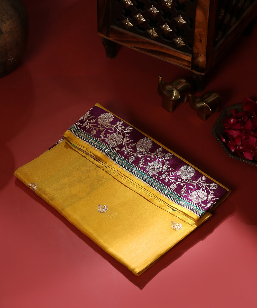 Yellow_Handloom_Pure_Kora_Silk_Banarasi_Dupatta_With_Multicolor_Meenakari_Border_WeaverStory_01