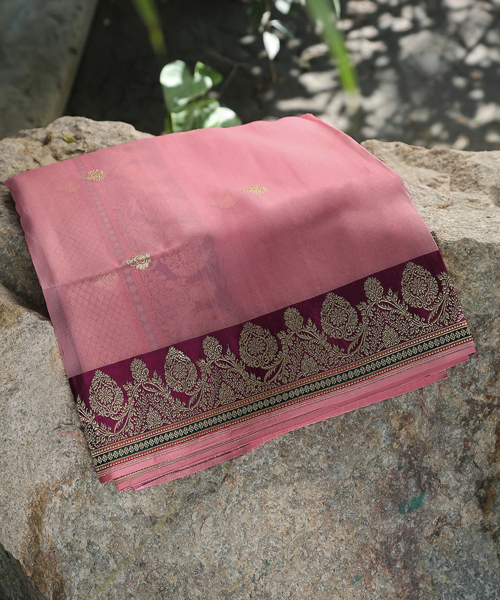 Pink_Handloom_Pure_Organza_Banarasi_Dupatta_With_Golden_Booti_WeaverStory_01