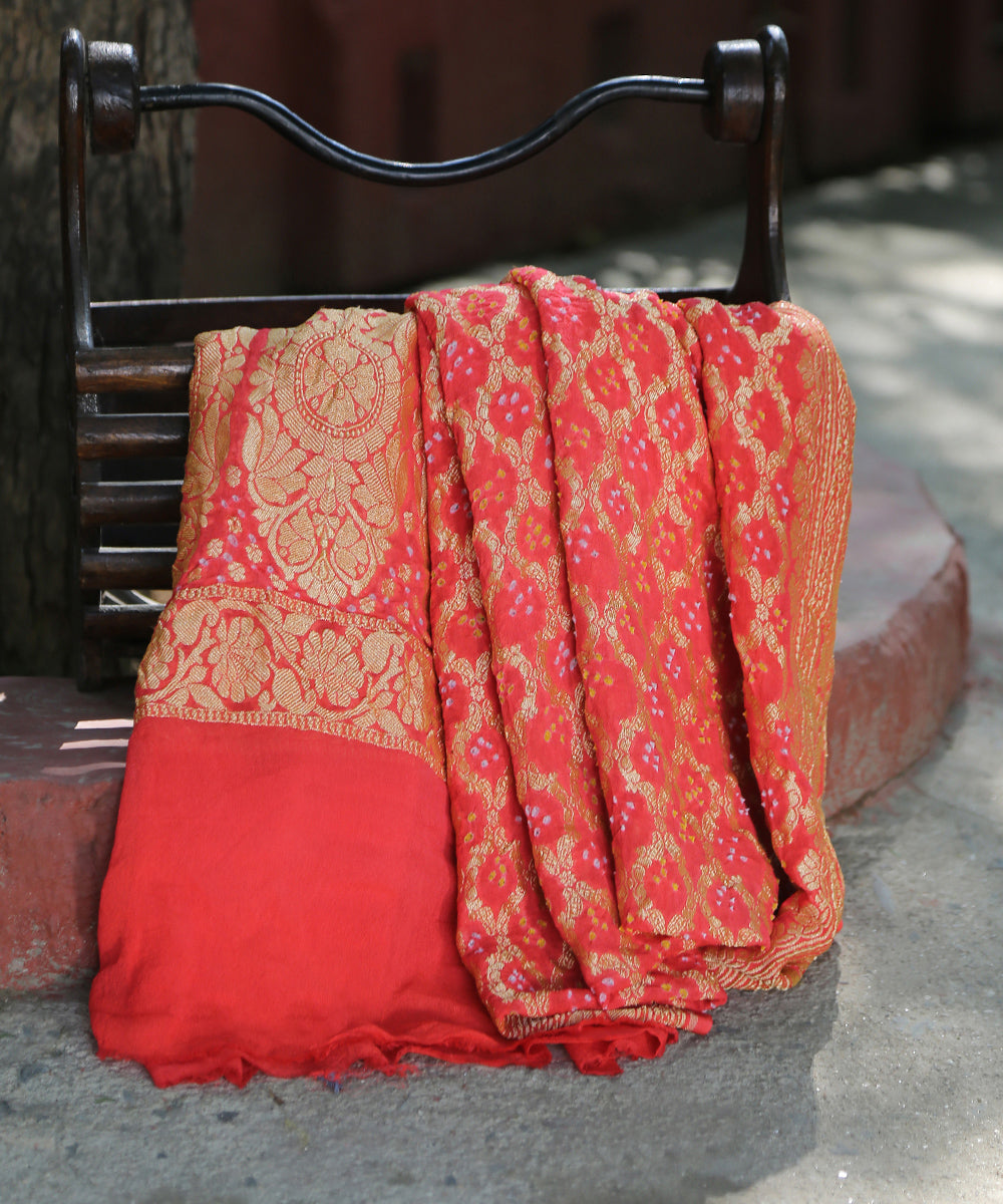 Orange_Handloom_Pure_Georgette_Banarasi_Bandhej_Dupatta_With_Jaal_WeaverStory_01