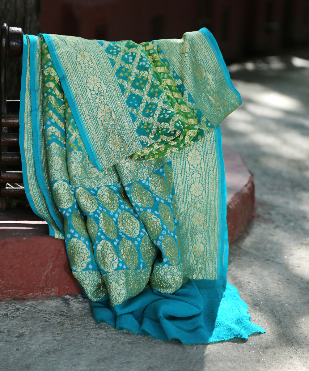 Handloom_Turquoise_And_Green_Pure_Georgette_Banarasi_Bandhej_Dupatta_WeaverStory_01