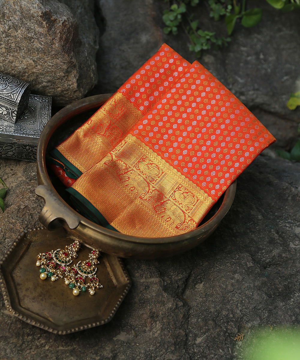Handloom_Orange_Pure_Silk_Shikargah_Kanjivaram_Dupatta_With_Real_Zari_Border_WeaverStory_01