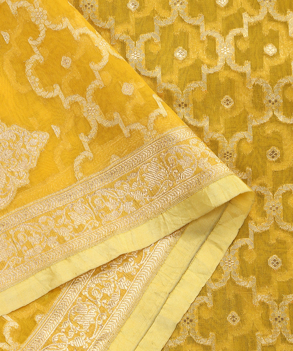 Handloom_Yellow_Pure_Organza_Banarasi_Dupatta_With_Cutwork_Jaal_WeaverStory_04