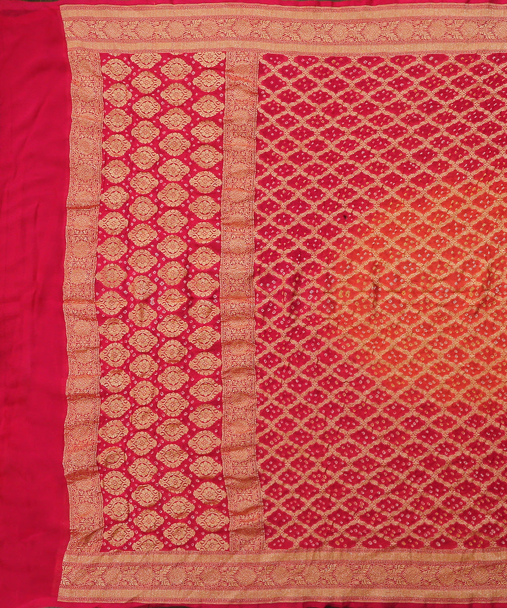 Handloom_Fushcia_Pink_And_Orange_Pure_Georgette_Banarasi_Bandhej_Dupatta_With_Cutwork_Jaal_WeaverStory_02