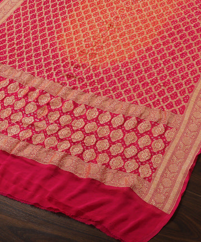 Handloom_Fushcia_Pink_And_Orange_Pure_Georgette_Banarasi_Bandhej_Dupatta_With_Cutwork_Jaal_WeaverStory_03