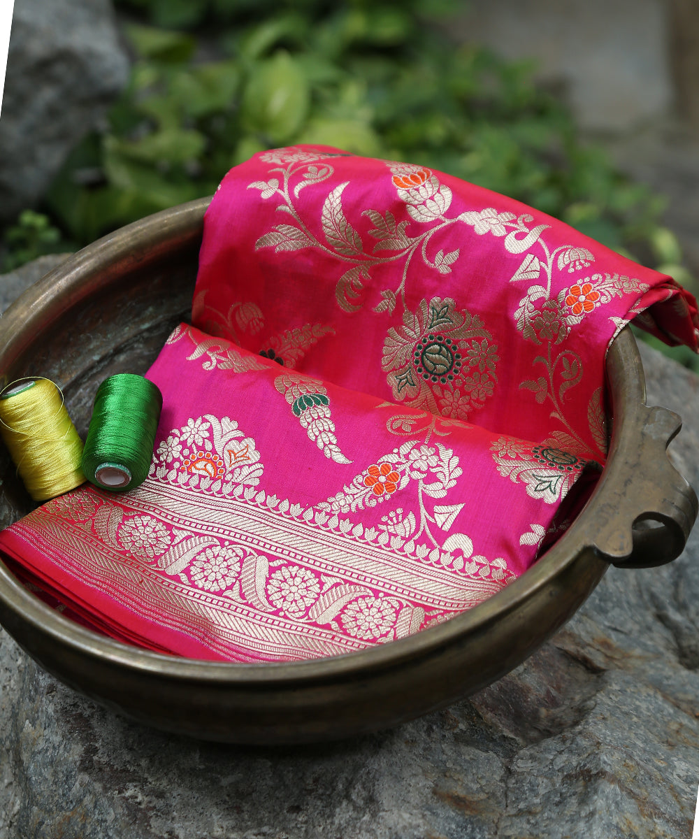 Hot_Pink_Handloom_Pure_Katan_Silk_Banarasi_Dupatta_With_Meenakari_Jaal_WeaverStory_01