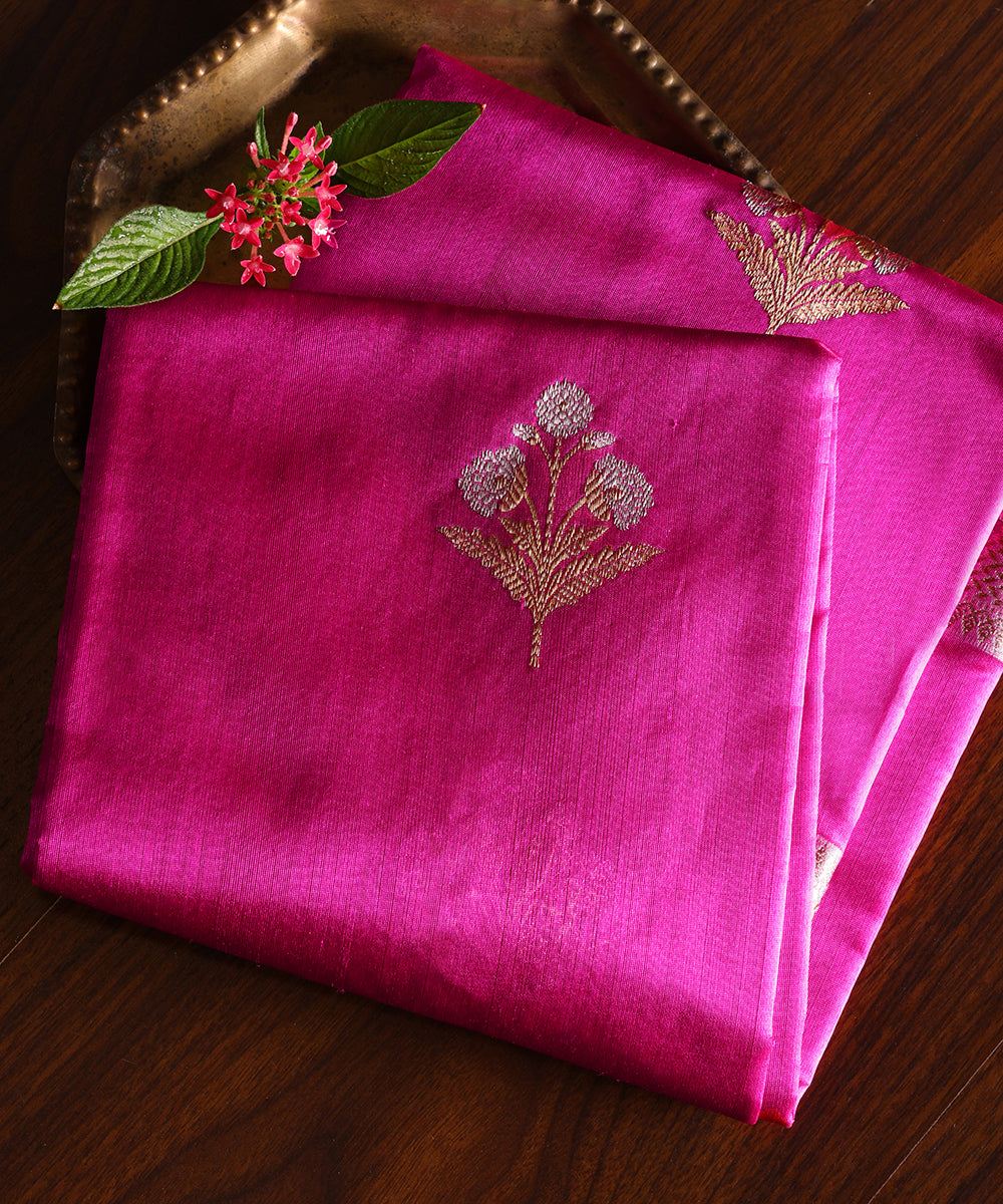 Rani_Pink_Handloom_Pure_Chanderi_Silk_Dupatta_With_Three_Flower_Meena_Motifs_WeaverStory_01